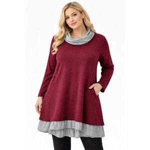 Mordenmiss Womens Tunic Top Mock Neck 2XL Burgundy Lagenlook Artsy Oversized